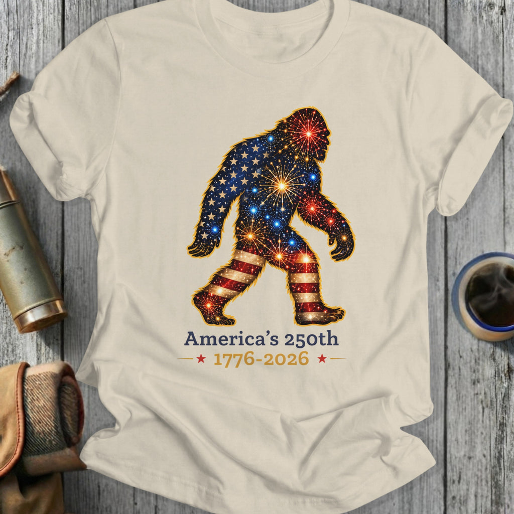 Bigfoot silhouette with American flag pattern, fireworks, and 1776-2026 text.