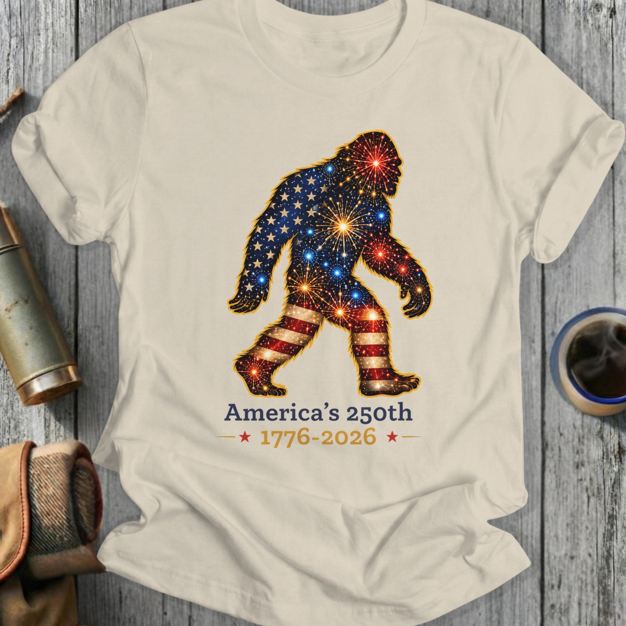 Bigfoot silhouette with American flag pattern, fireworks, and 1776-2026 text.