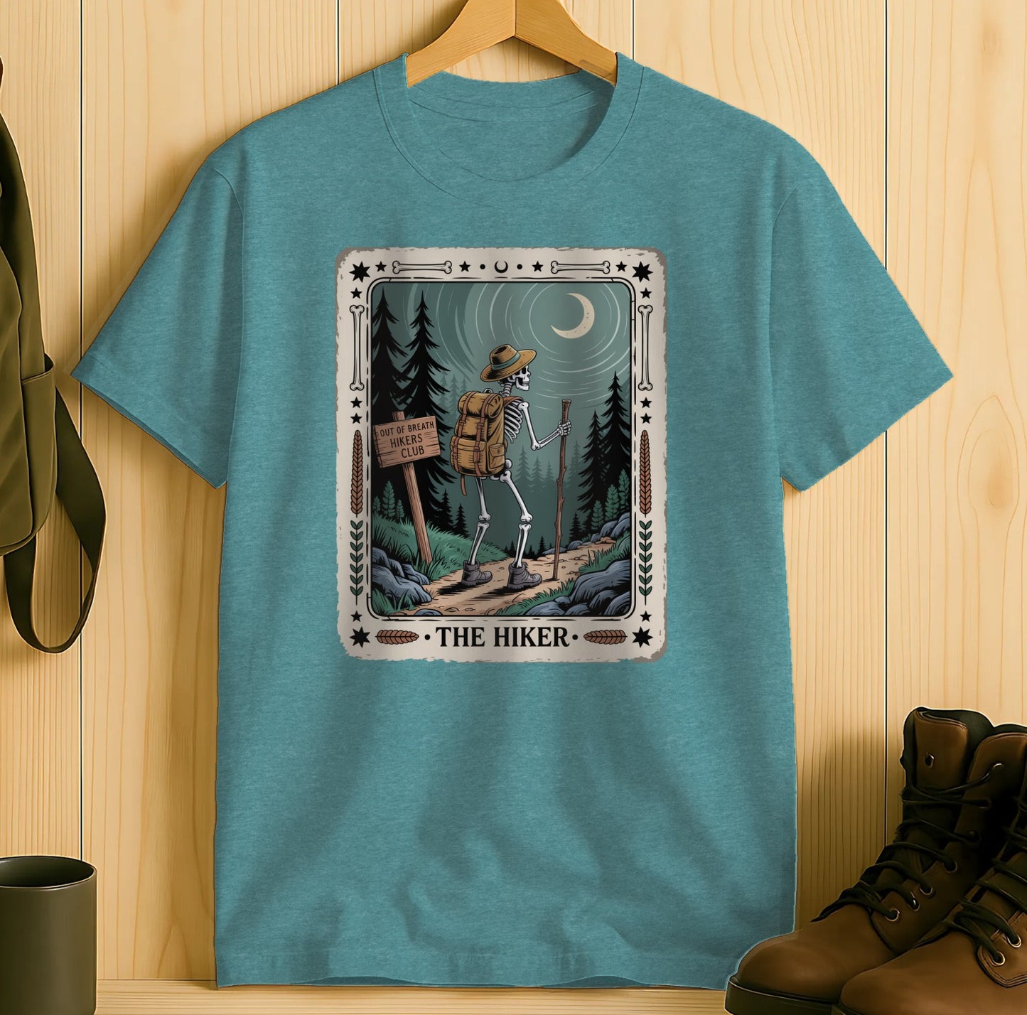 Adventurous Skeleton Hiking T-Shirt Scenic Graphic product type