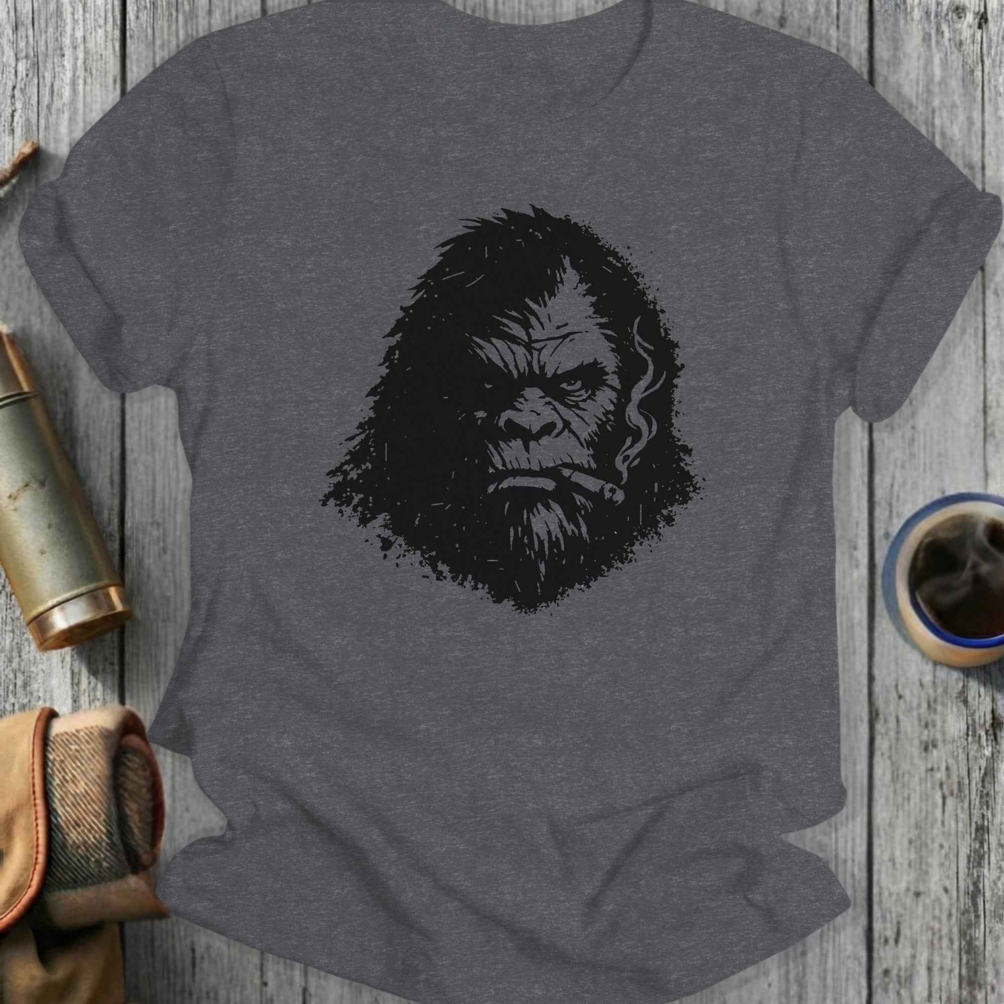 Mysterious Bigfoot Smoking Graphic Tee Shirt Product