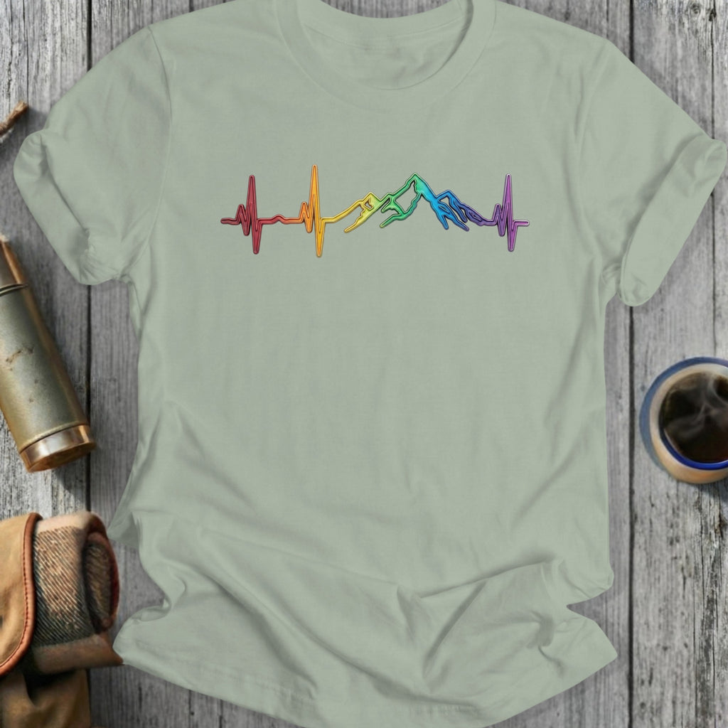 Rainbow Heartbeat Mountain Design Graphic Tee