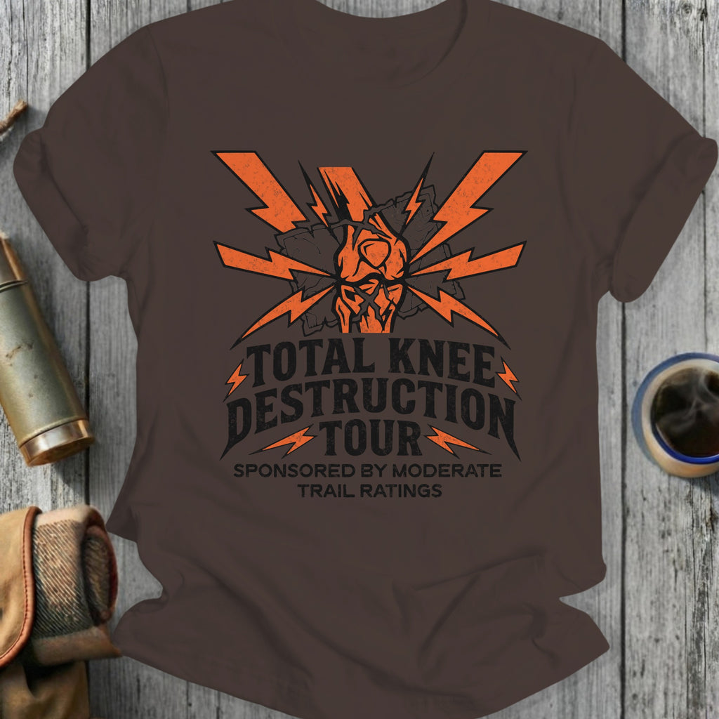 Brown t-shirt with "Total Knee Destruction Tour" text and lightning graphic.