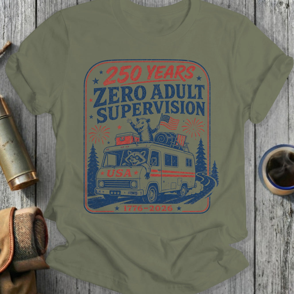 RV with raccoon and American flag, "250 YEARS ZERO ADULT SUPERVISION USA 1776-2026".