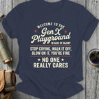 Gen X Playground t-shirt with humorous text about dealing with injury.