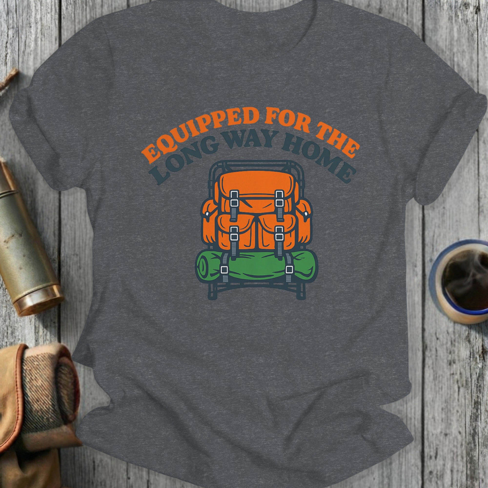 Orange backpack and sleeping bag graphic with text "Equipped for the long way home".
