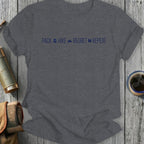 Navy t-shirt with "PACK HIKE REGRET REPEAT" and hiking icons.