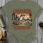 Frog with campfire and woodpile, text "I make room in the woods. Maybe for a fire. Maybe for you."