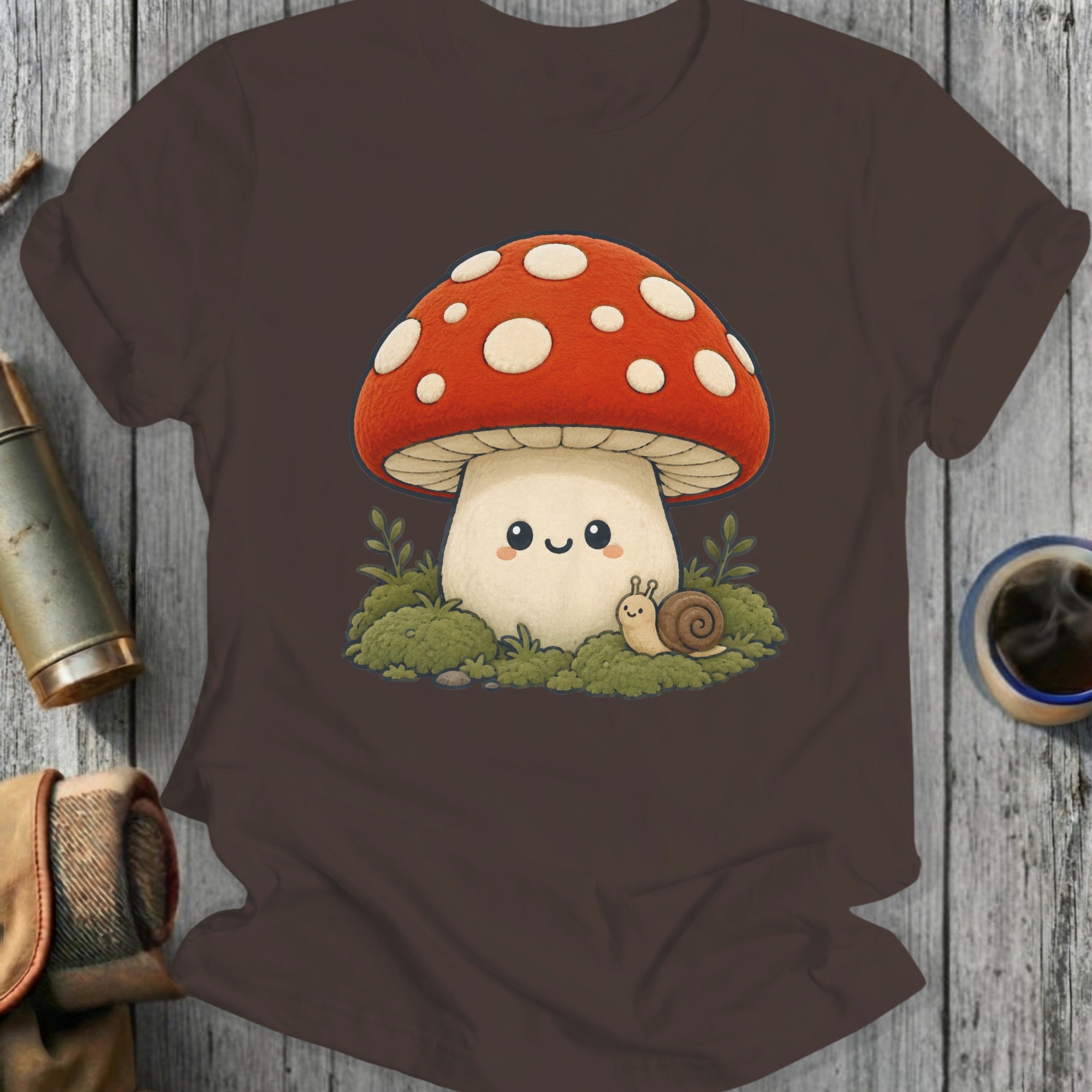 Cute mushroom and snail illustration on a brown t-shirt.