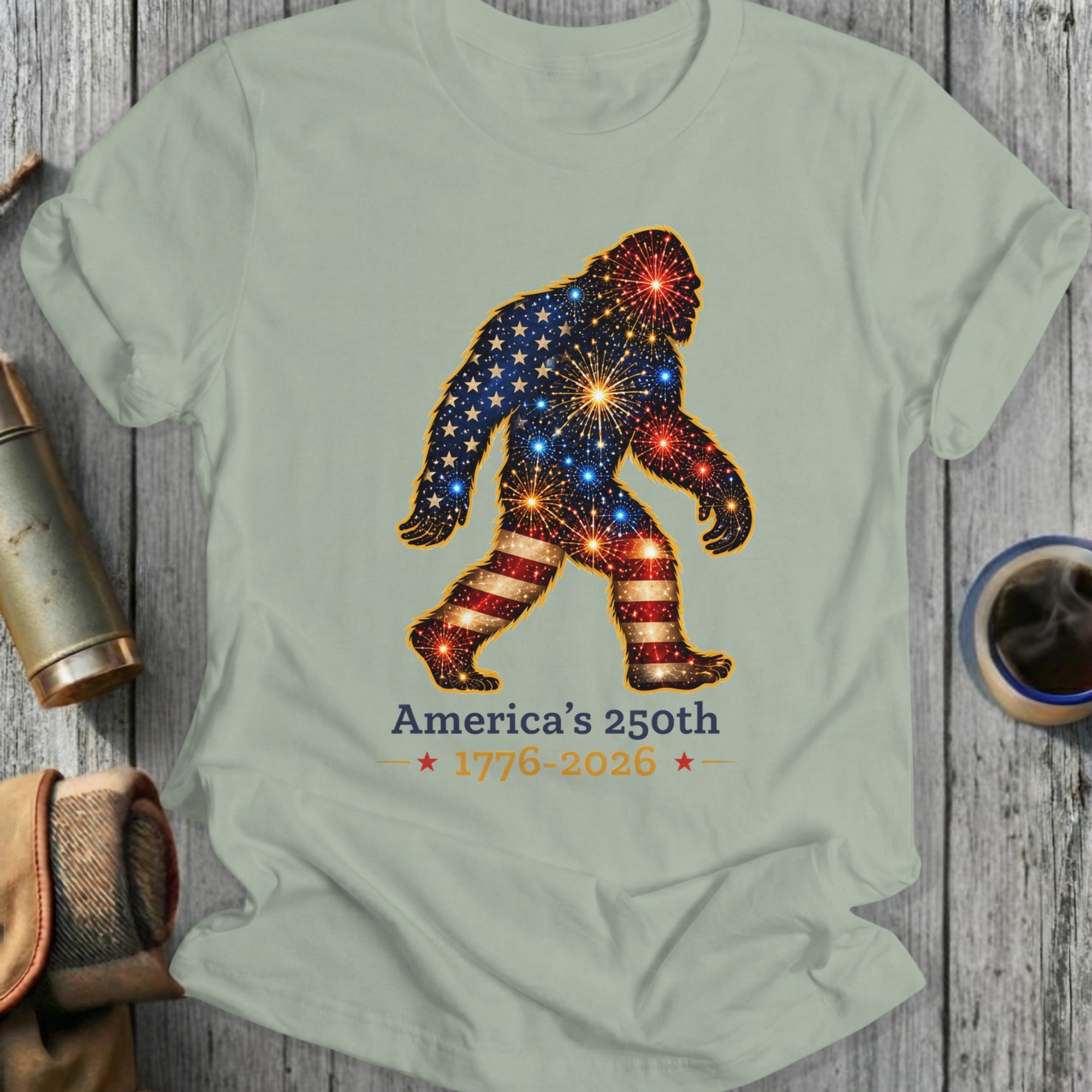 Bigfoot silhouette with American flag and fireworks, "America's 250th 1776-2026".