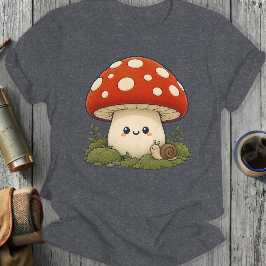 Gray t-shirt featuring a cute cartoon mushroom with a happy face and a small snail.