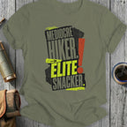 Mediocre Hiker. Elite Snacker. graphic on a green t-shirt.