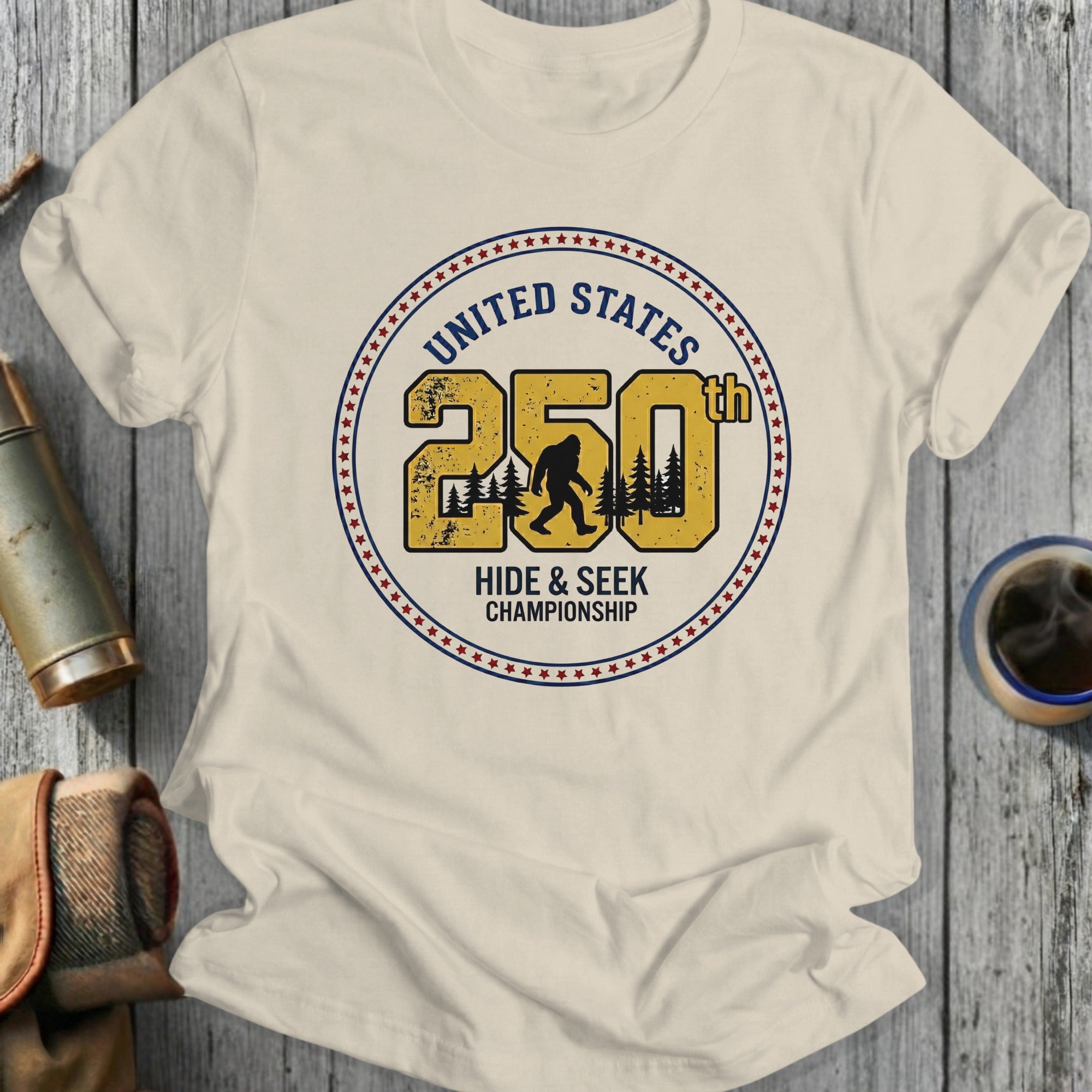 United States 250th Hide & Seek Championship graphic with Bigfoot silhouette.