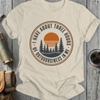Cream t-shirt with circular graphic "I have about three hours of outdoorsiness in me."