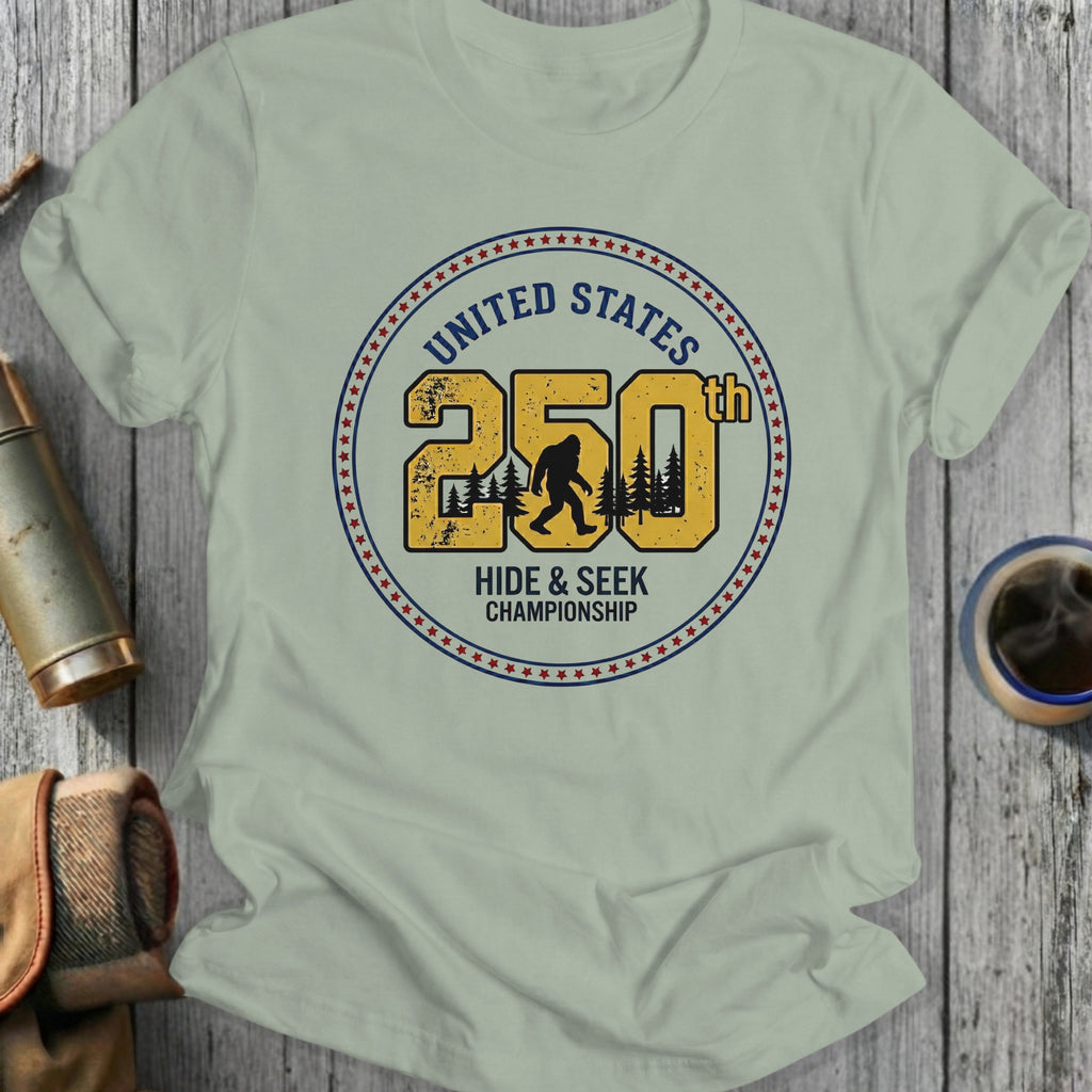 United States 250th Hide & Seek Championship Bigfoot graphic t-shirt.