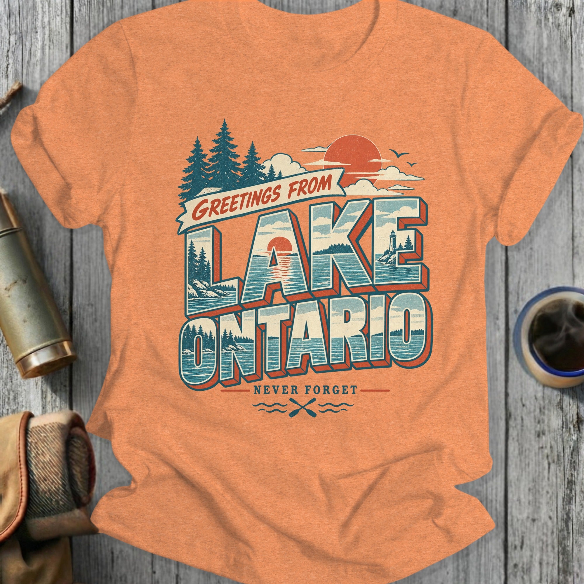 Greetings from Lake Ontario, never forget vintage graphic t-shirt with scenic lake and lighthouse.