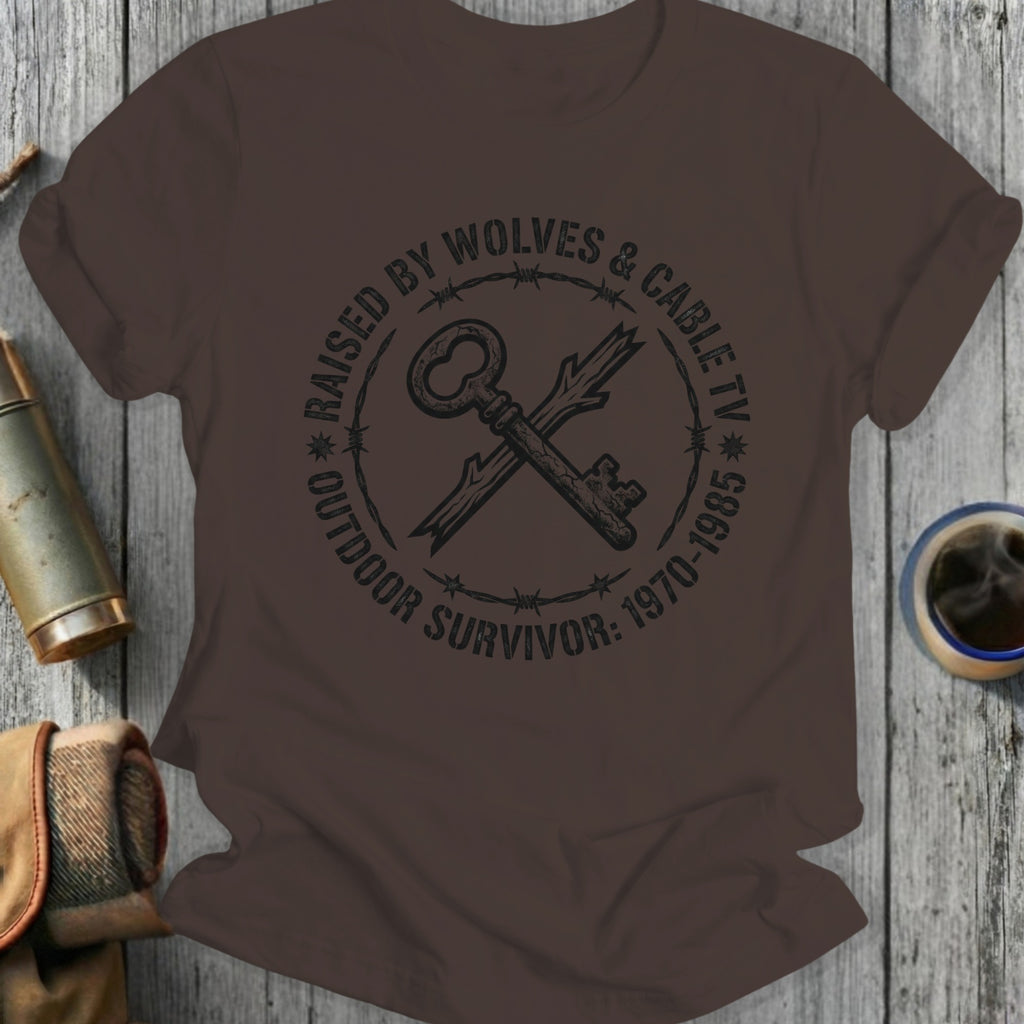 Brown t-shirt with a distressed graphic of crossed keys and barbed wire.