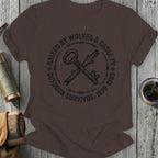 Brown t-shirt with a distressed graphic of crossed keys and barbed wire.