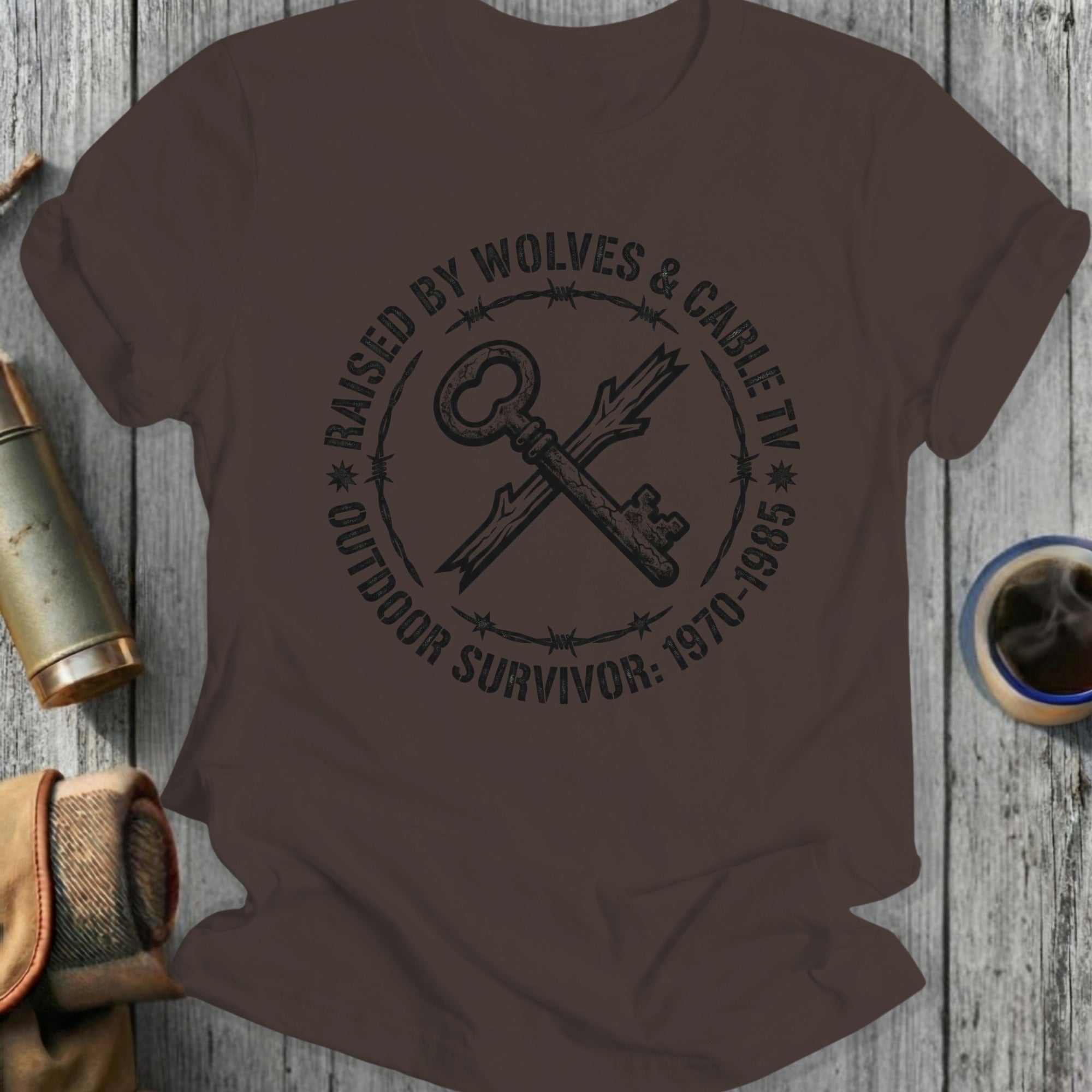 Brown t-shirt with a distressed graphic of crossed keys and barbed wire.