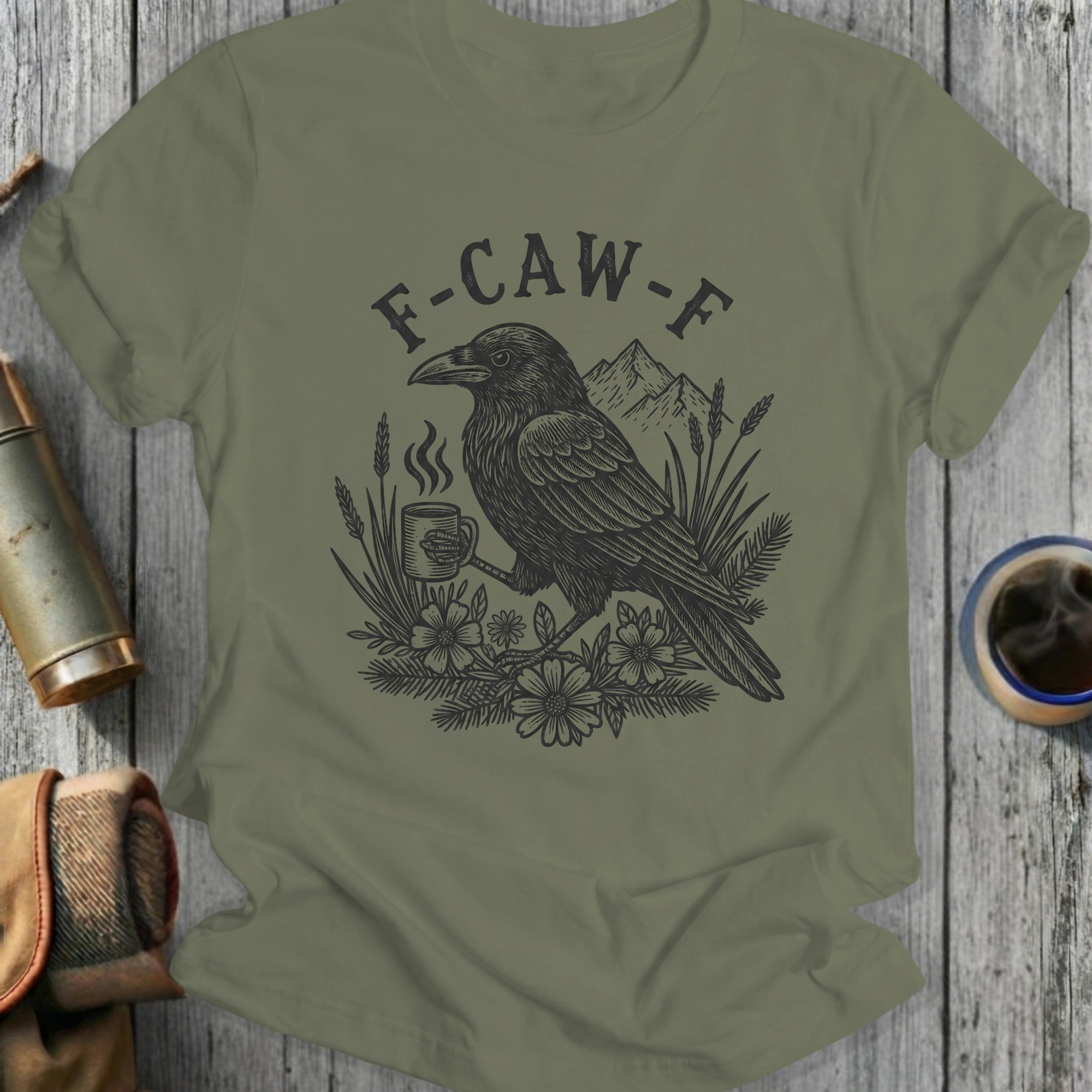 F-CAW-F Crow Coffee Mug and Flower Design Shirt