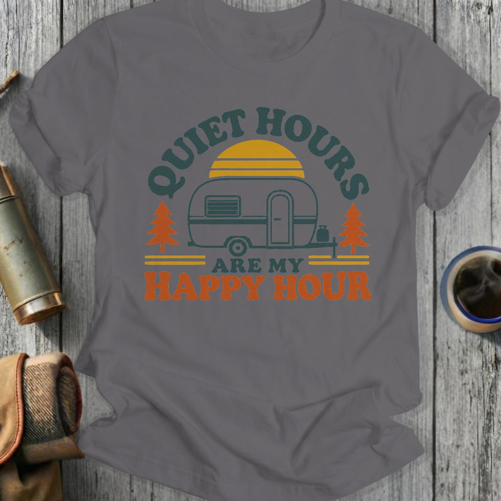 Gray t-shirt with "Quiet Hours Are My Happy Hour" graphic featuring a camper.
