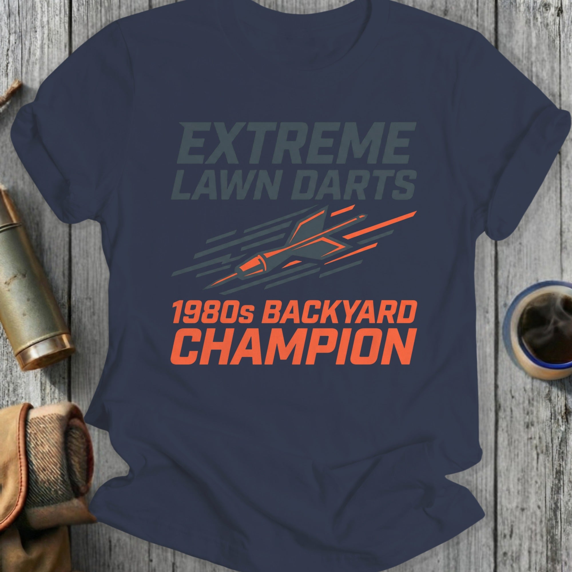 Dark t-shirt with "Extreme Lawn Darts 1980s Backyard Champion" graphic.