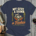 Raccoon in hammock with coffee saying "MY GIVE A DAMN is Broken"