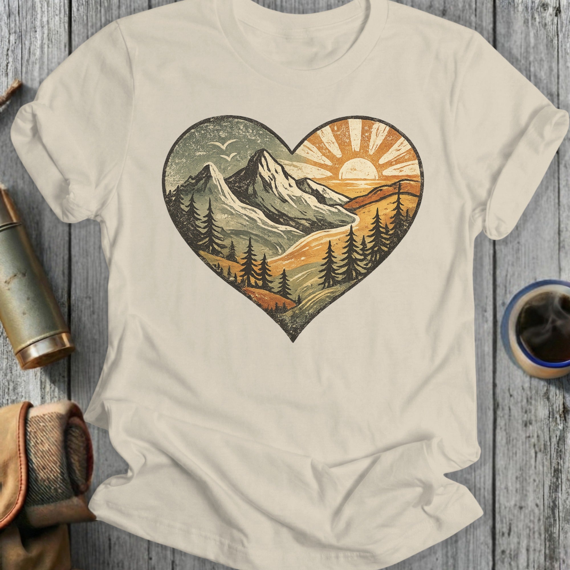 Scenic Mountain Heart Sunrise Graphic T-Shirt
