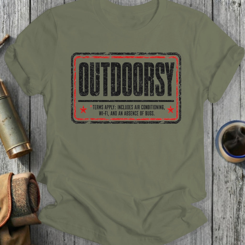 Green t-shirt with distressed text reading "OUTDOORSY" and humorous terms.