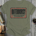 Green t-shirt with distressed text reading "OUTDOORSY" and humorous terms.