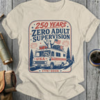 Raccoon in RV celebrating 250 years, "Zero Adult Supervision" USA 1776-2026.