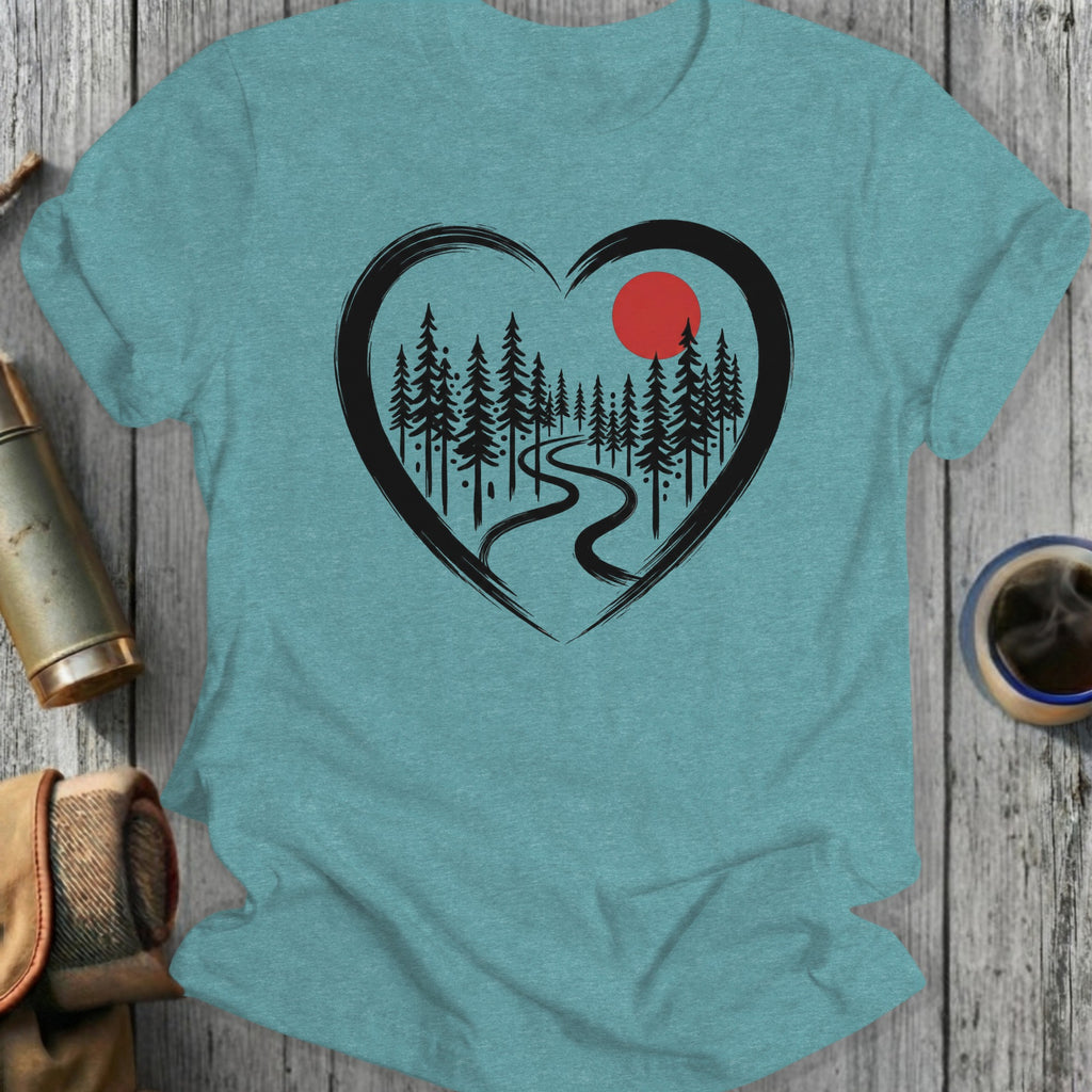 Heart Shaped Forest Design with Red Sun Graphic Shirt