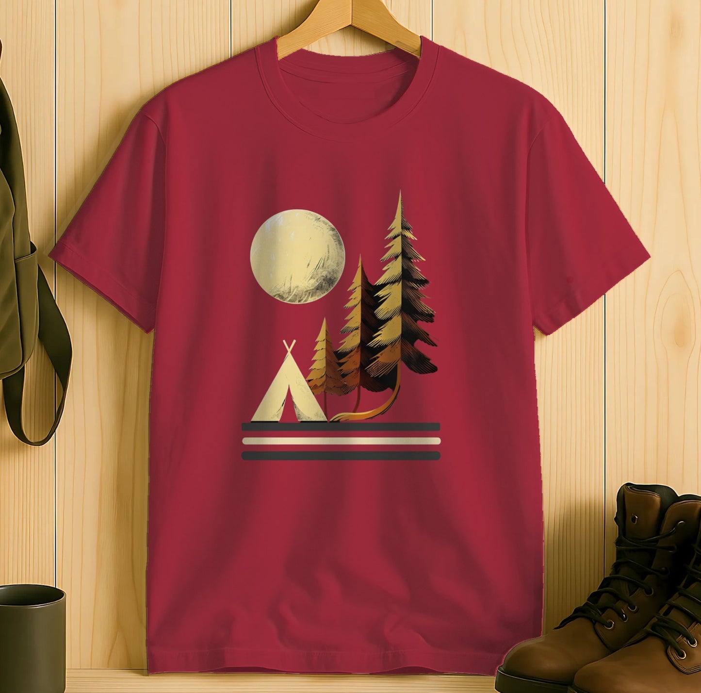 Moonlit Forest and Tent Design Red T-Shirt product