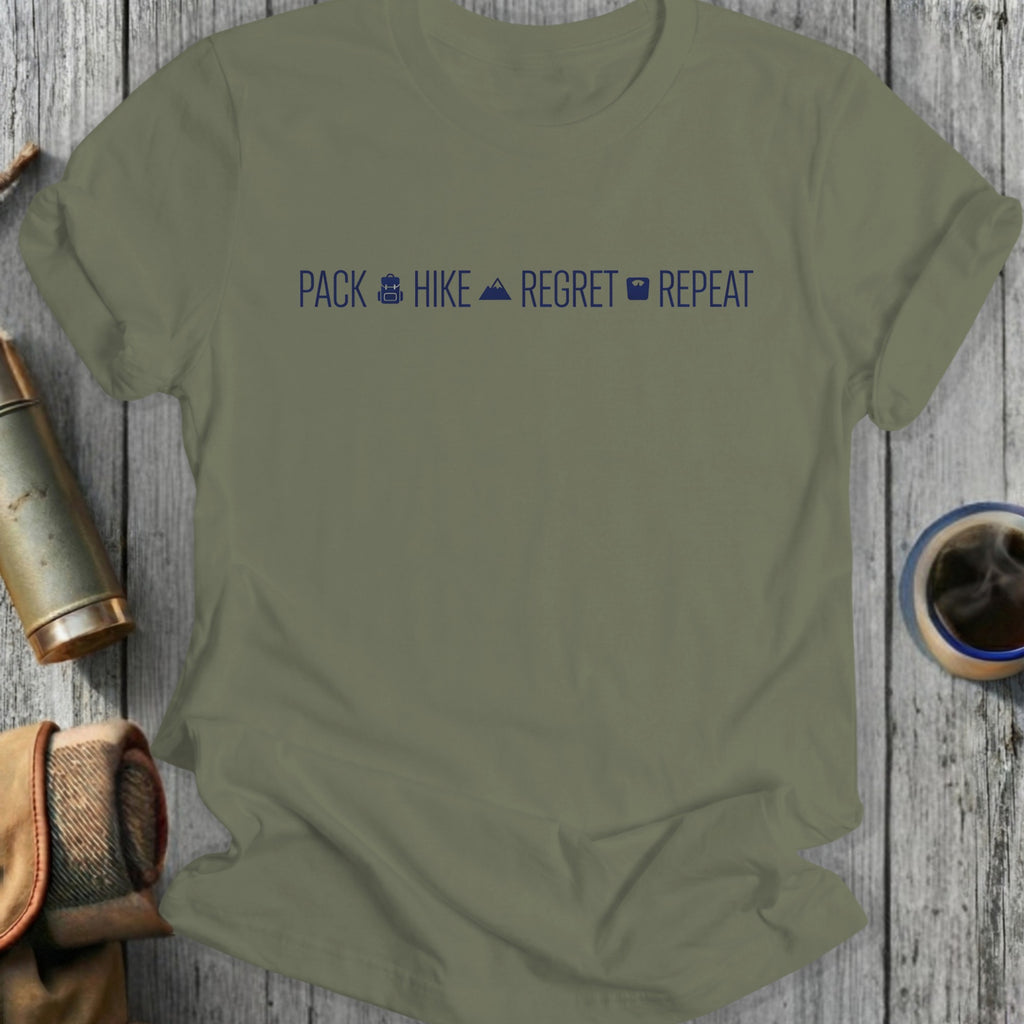 Olive t-shirt with "Pack Hike Regret Repeat" text and icons.