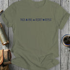 Olive t-shirt with "Pack Hike Regret Repeat" text and icons.