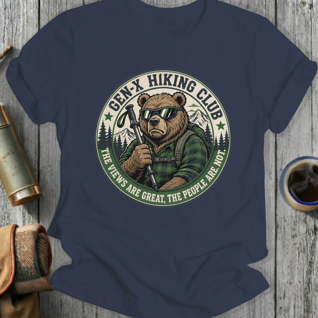 Bear with sunglasses and hiking stick, "Gen-X Hiking Club."