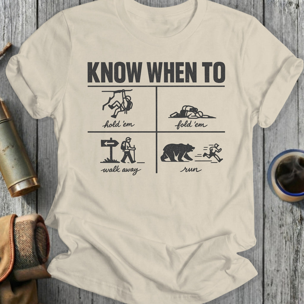 T-shirt with four panels illustrating "Know When To" hold 'em, fold 'em, walk away, and run from a bear.