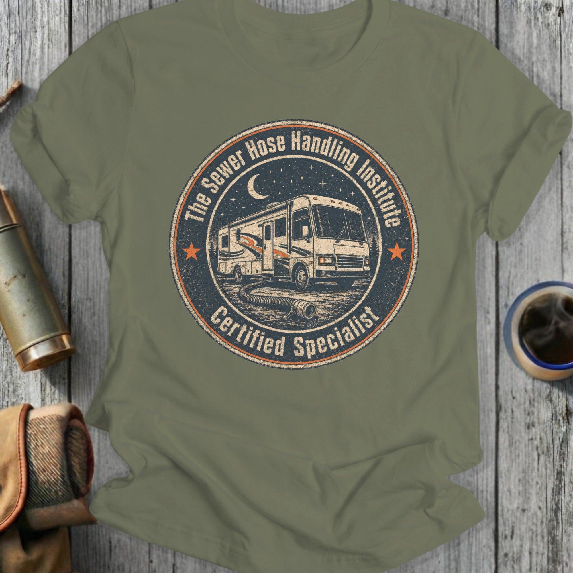 RV with sewer hose, moon, stars, and text "The Sewer Hose Handling Institute Certified Specialist".