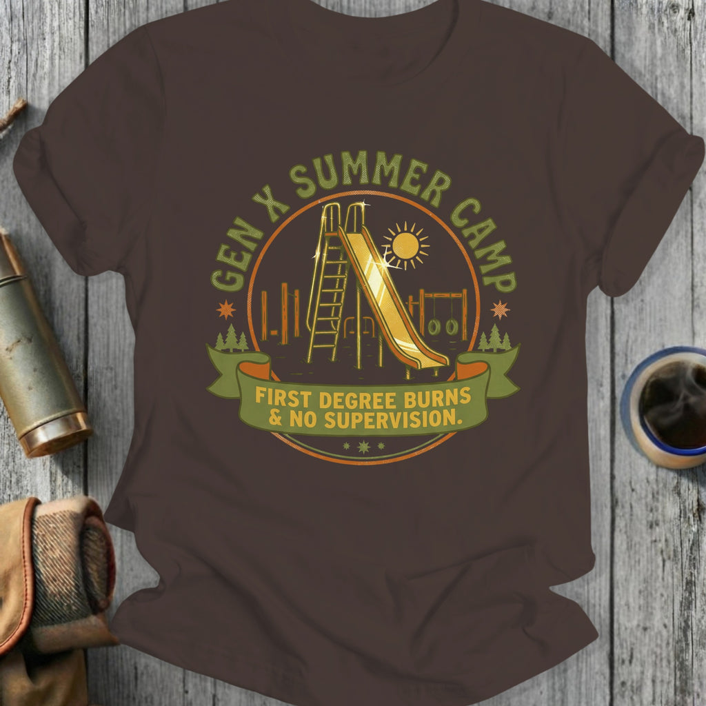 Gen X Summer Camp "First Degree Burns & No Supervision" graphic t-shirt.
