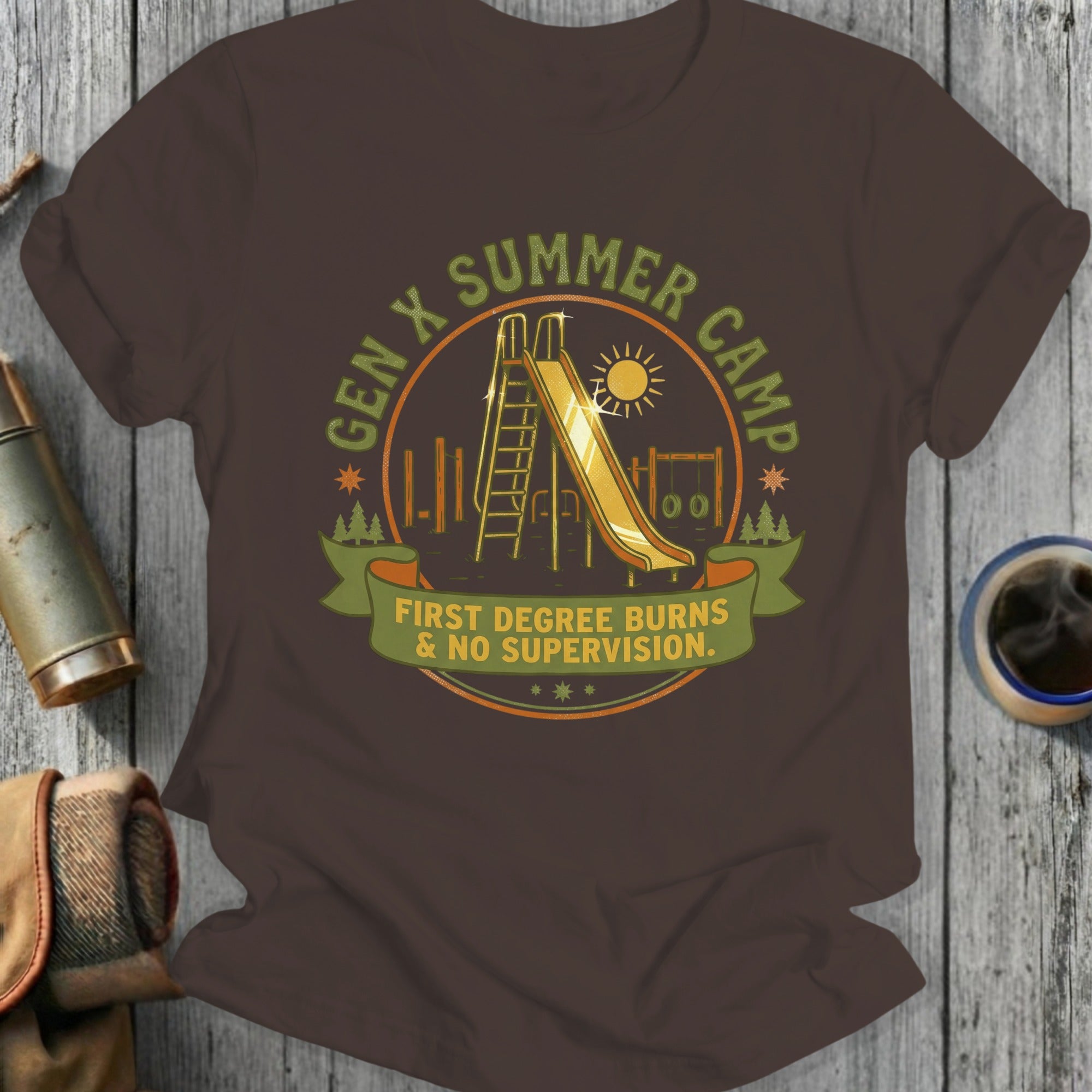 Gen X Summer Camp "First Degree Burns & No Supervision" graphic t-shirt.