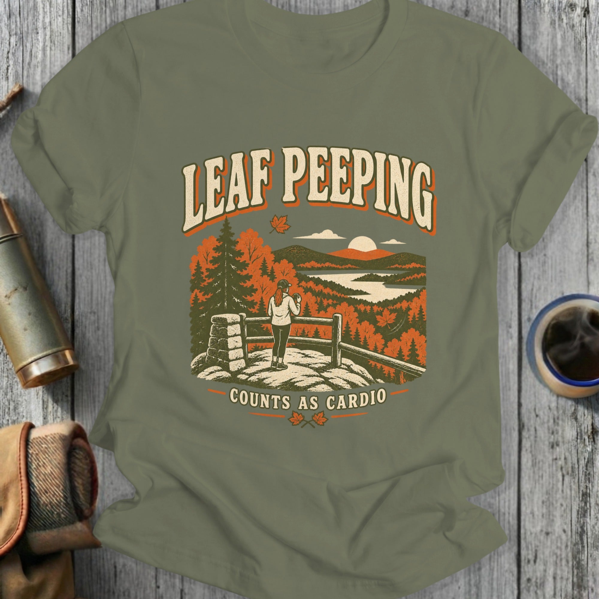 Leaf Peeping Counts As Cardio graphic on olive green t-shirt.