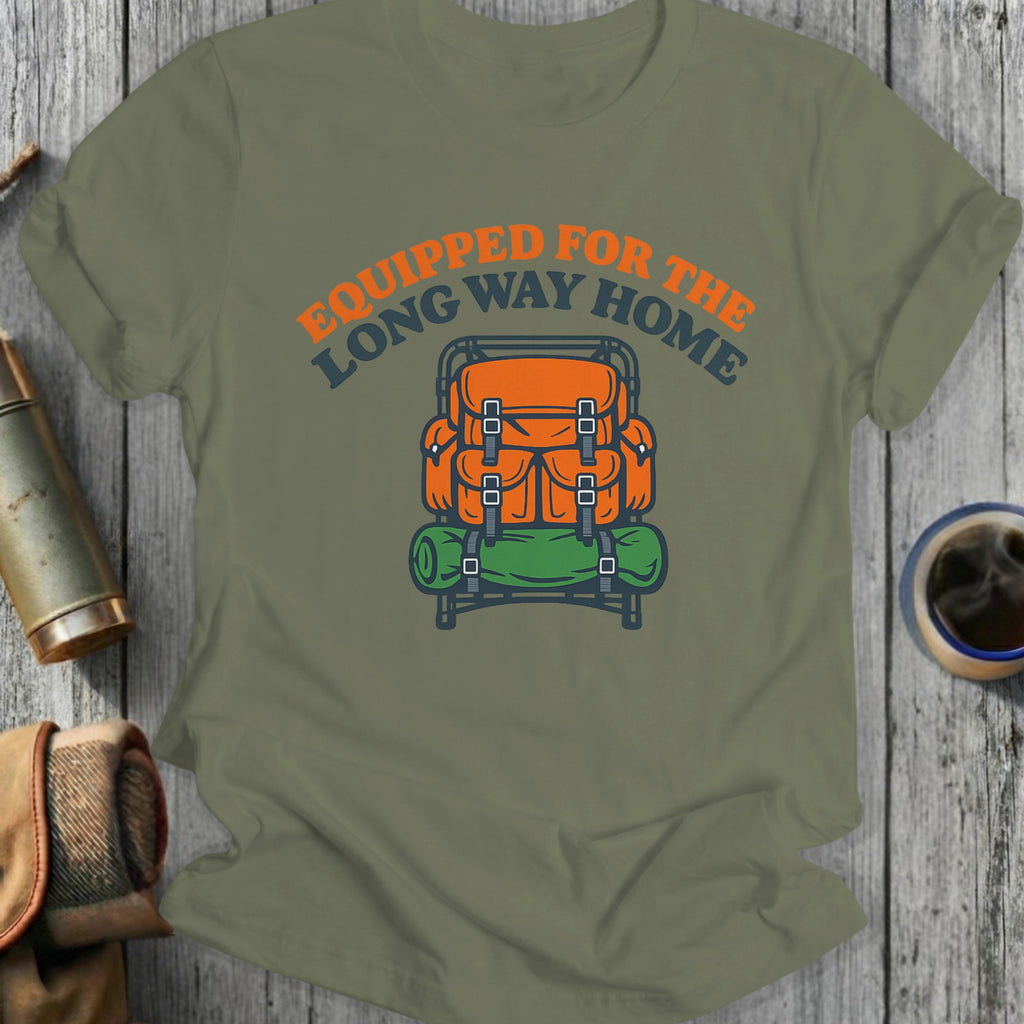 Orange backpack with sleeping bag and text "EQUIPPED FOR THE LONG WAY HOME".