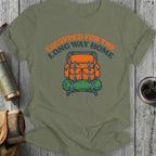 Orange backpack with sleeping bag and text "EQUIPPED FOR THE LONG WAY HOME".