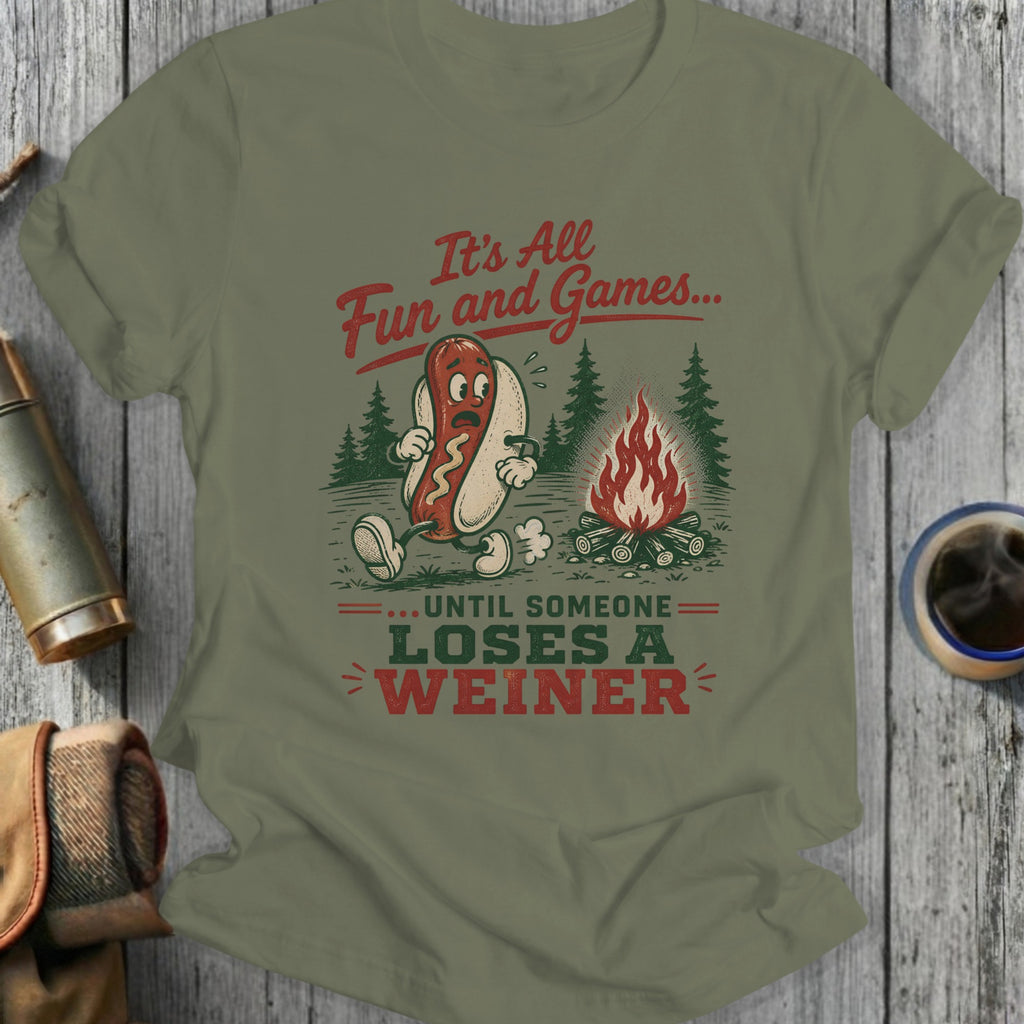 Hot dog cartoon by campfire, It's All Fun and Games... Until Someone Loses a Weiner.