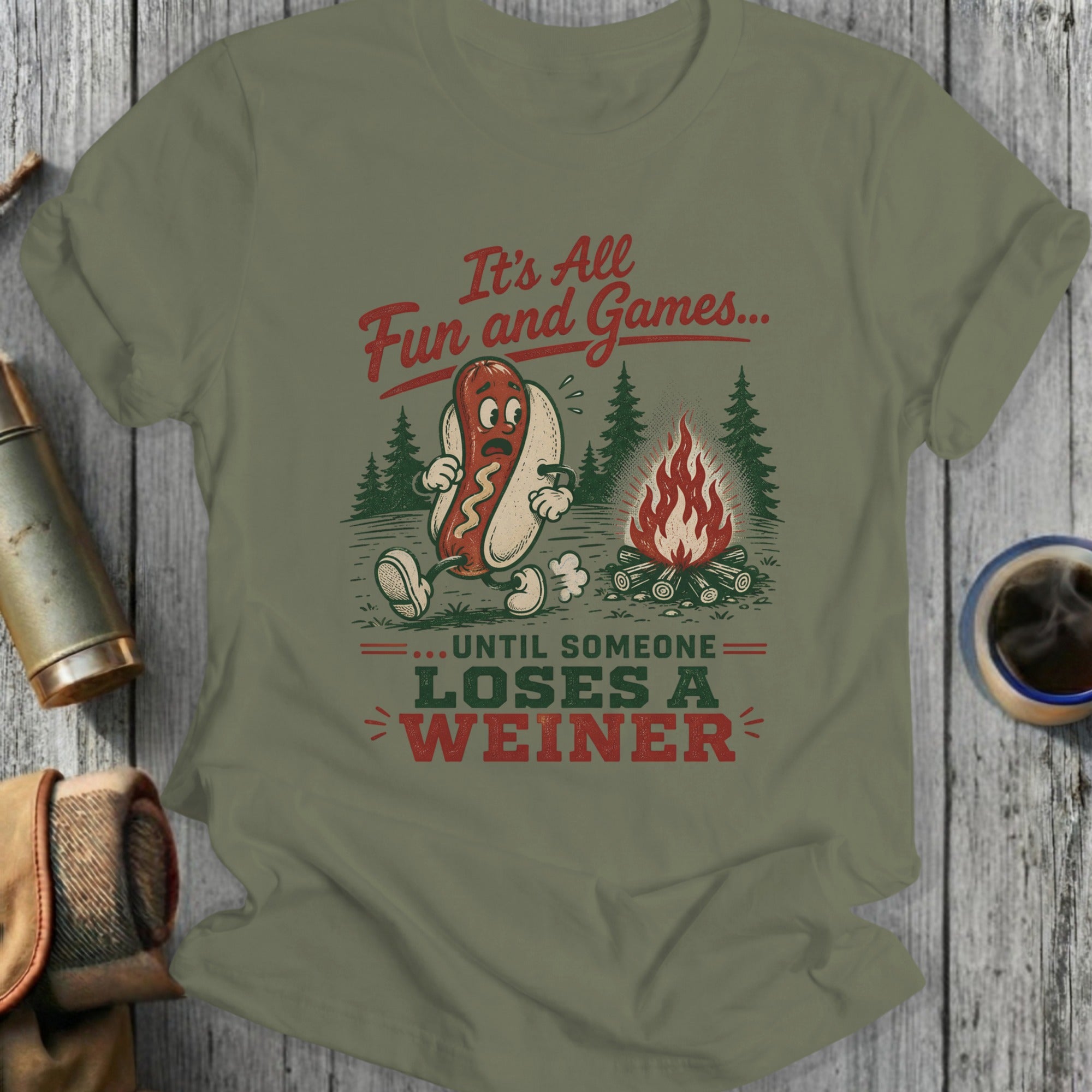 Hot dog cartoon by campfire, It's All Fun and Games... Until Someone Loses a Weiner.