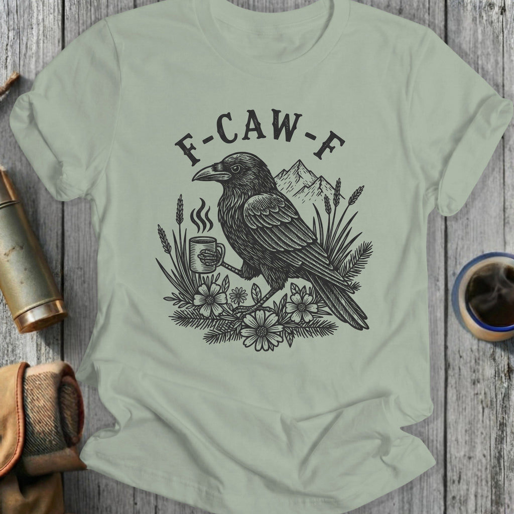 F-CAW-F Crow Holding Coffee T-Shirt with Mountain Scene