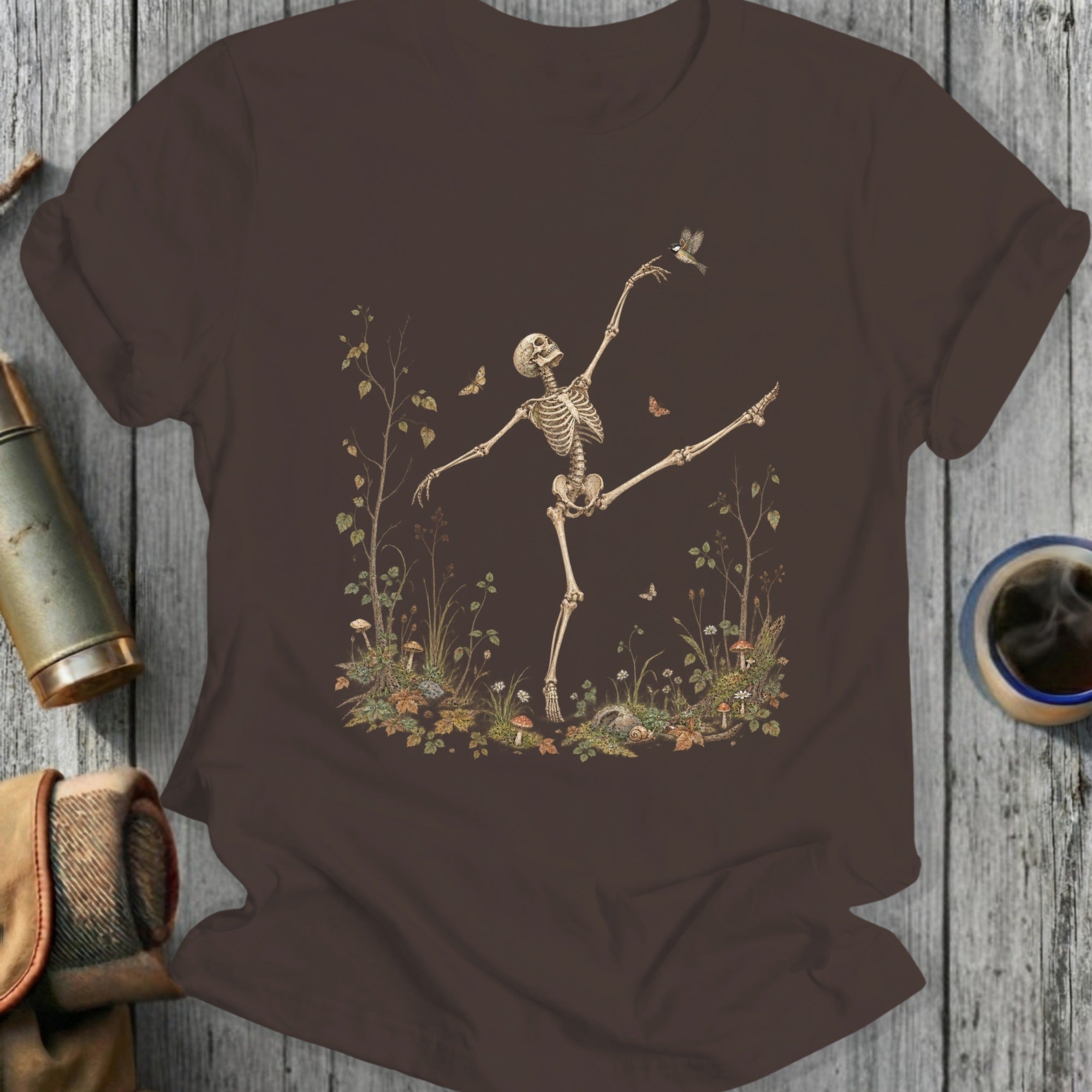 Skeleton ballerina dancing in a forest with butterflies and a bird.