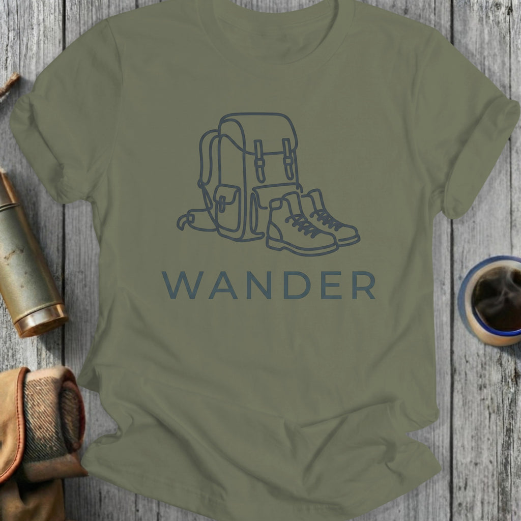 Olive green t-shirt with a minimalist line drawing of a backpack and hiking boots.