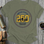 Olive t-shirt with "United States 250th Hide & Seek Championship" Bigfoot graphic.