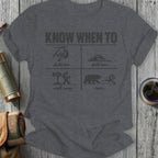 T-shirt with four panels: hold 'em, fold 'em, walk away, run.