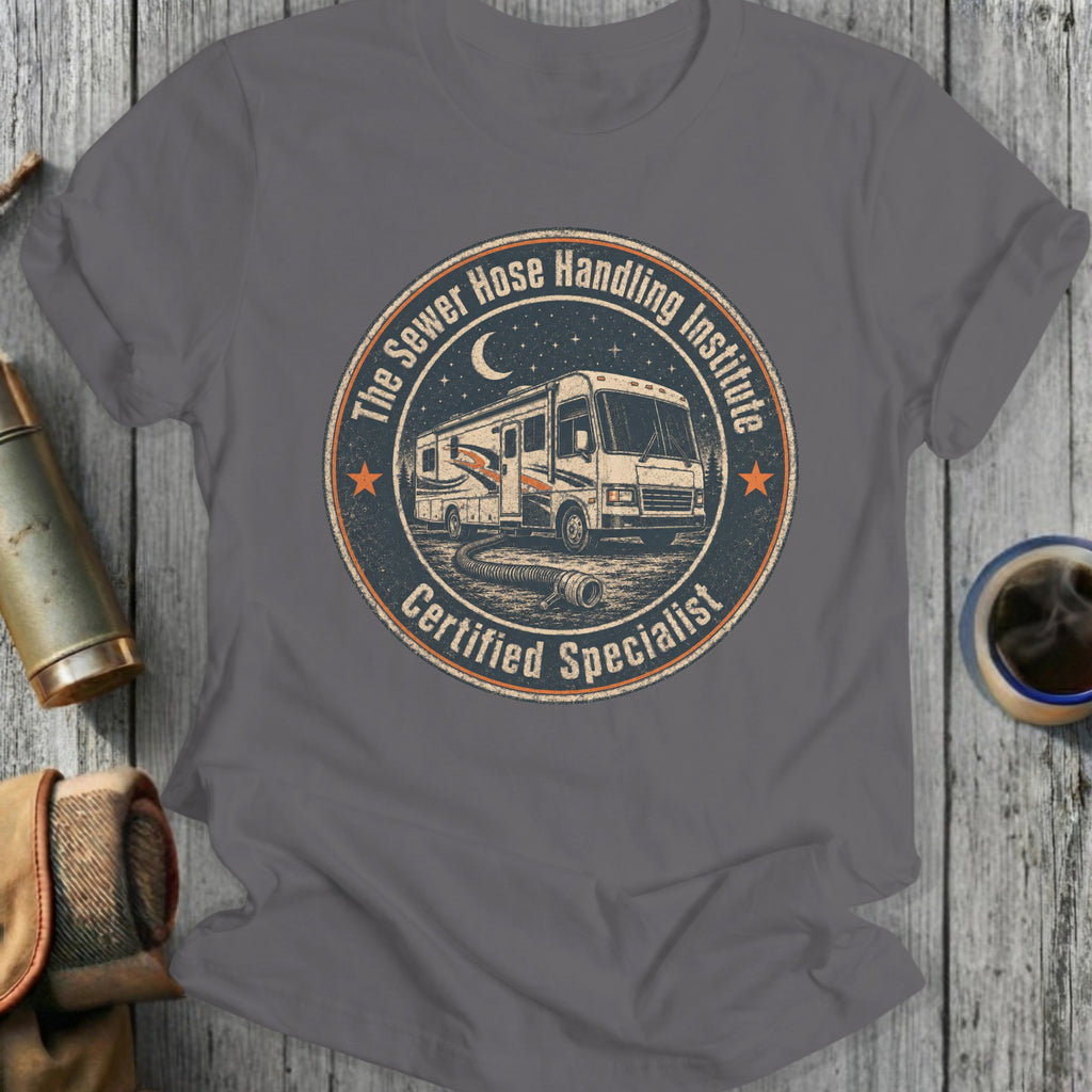 RV with sewer hose and text "The Sewer Hose Handling Institute Certified Specialist".